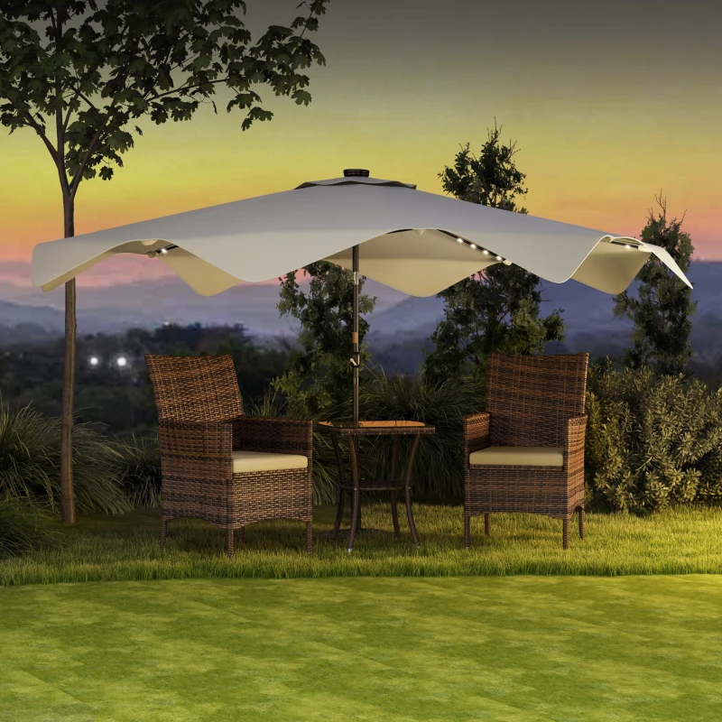 Outsunny Chapéu de Sol de Jardim Ø292x248 cm Chapéu de Sol com Manivela 32 Luzes LED Solares e 8 Hastes Creme