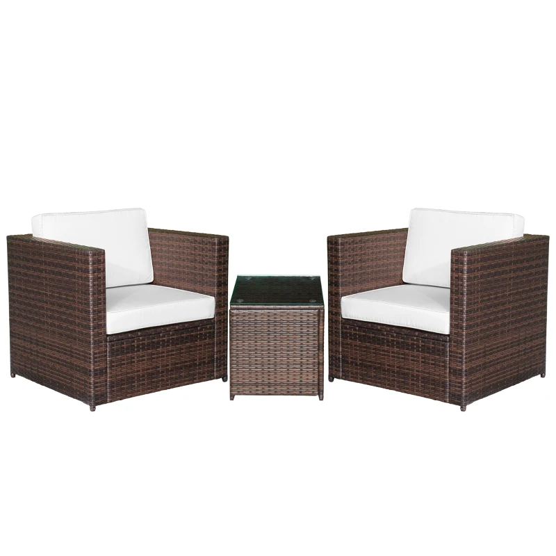Outsunny Set Mobili da Giardino Rattan PE da 3 Pezzi, 2 Poltrone da Esterno, Tavolino e Cuscini, Marrone