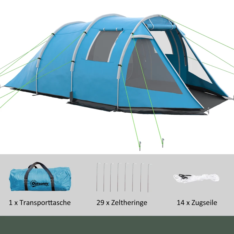 Outsunny Campingzelt Trekkingzelt Zelt, weerbestendig, 2 kamers, 475 x 264 cm Breedte x 172, Blau