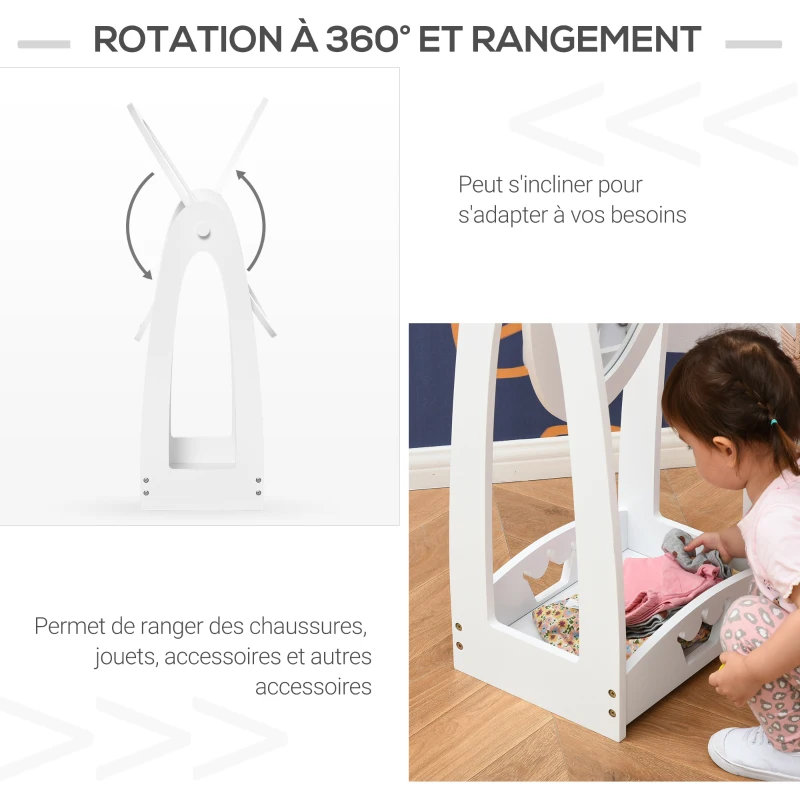 HOMCOM Portant Enfant - penderie Enfant + Miroir à Pied Enfant Inclinaison réglable - Design Couronne - étagères de Rangement, patère - MDF pin Blanc