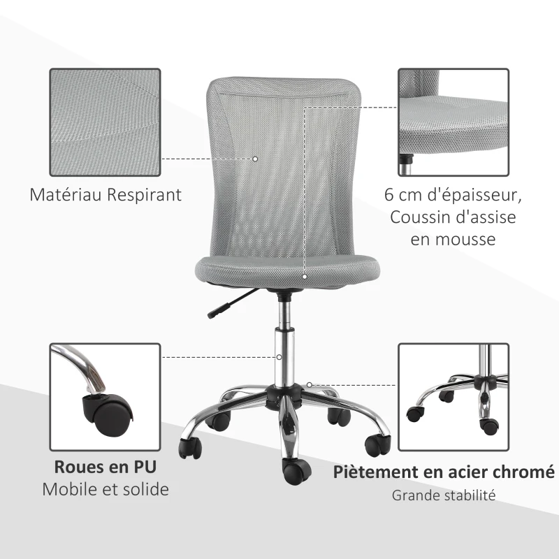 Vinsetto Lot 2 de chaises de bureau ergonomique hauteur réglable piètement chromé pivotant 360° revêtement maille gris