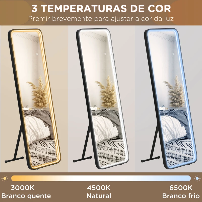 HOMCOM Espelho de Pé com Luzes LED Espelho de Corpo Inteiro 151,5x50 cm com Iluminação Ajustável e Função de Memória Preto