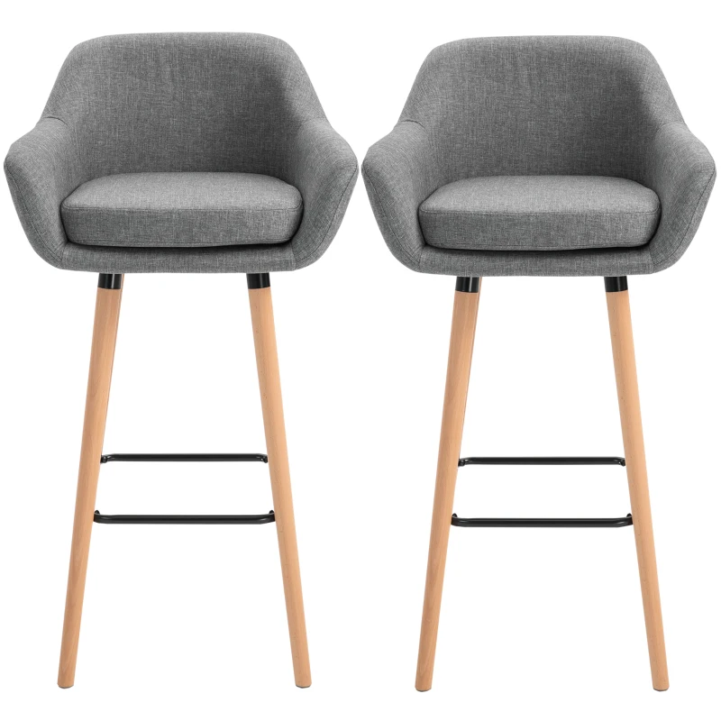 HOMCOM Set 2 Sgabelli da Bar Alti con Schienale e Poggiapiedi, Sgabelli da Cucina Stile Vintage in Tessuto con Cuscino e Gambe in Legno per Sala da Pranzo 55x48x100cm