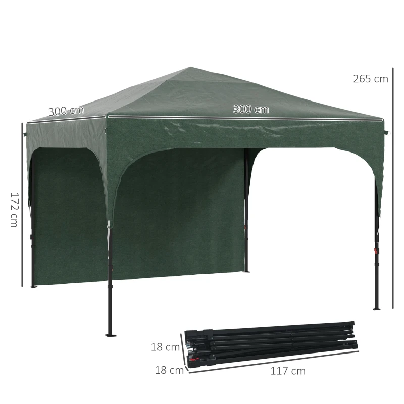 Outsunny Tenda Dobrável com Altura Ajustável 1 Parede Lateral Teto com Ventilação 4 Sacos de Areia e Bolsa de Transporte 3x3 m Verde