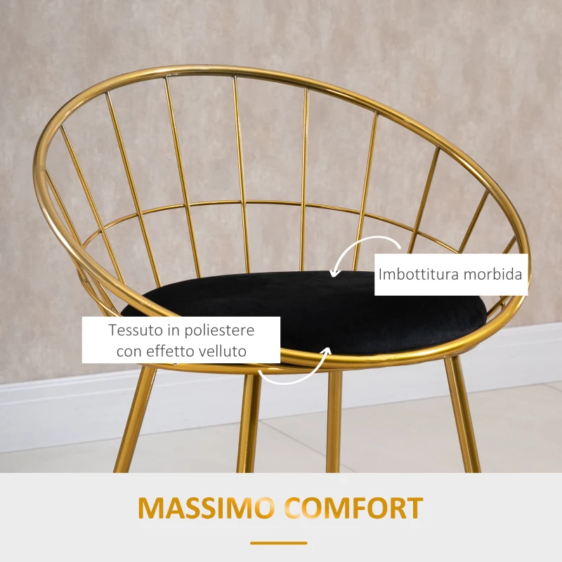 HOMCOM Set 2 Sgabelli da Bar Alti con Schienale e Poggiapiedi per Salotto o Cucina Stile Moderno, Cuscino in Velluto e Struttura in Metallo, 52.5x47x97cm, Nero e Oro