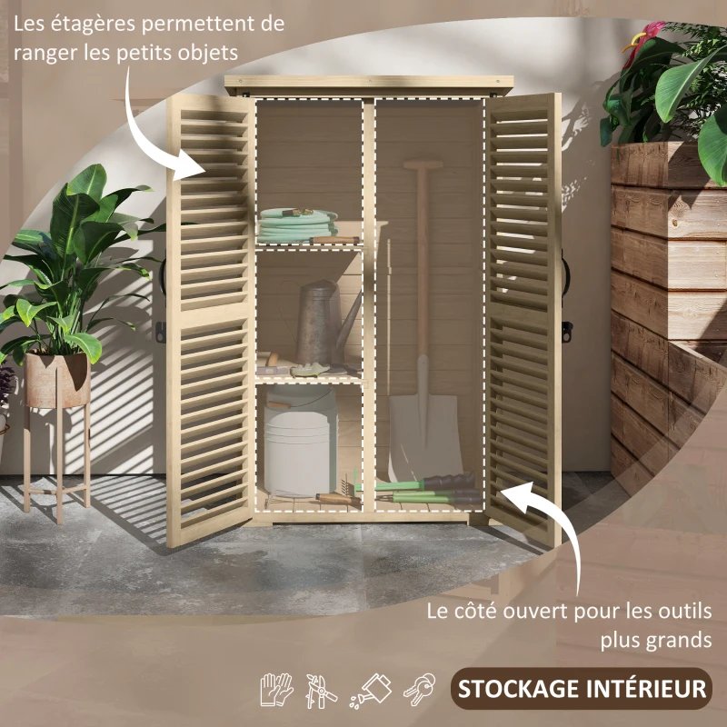Outsunny Armoire de jardin remise pour outils en bois 2 étagères toit bitumé portes persiennes verrouillable 75 x 50 x 118(m-4)