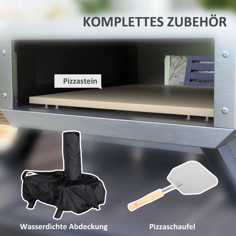 Outsunny Piec do Pizzy Na Zewnątrz z Kamieniem do Pizzy, Łopatką do Pizzy, Kieszenią na Popiół, 82D x 39,5S x 58Wcm, Czarny/Srebrny