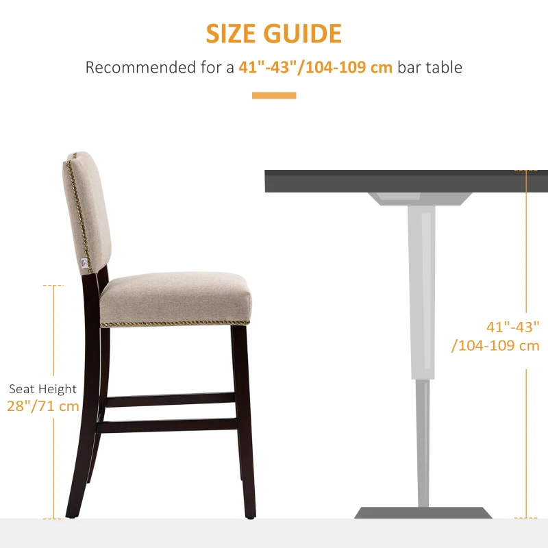 HOMCOM Modern Fabric Bar Stools Set of 2, Thick Padding Kitchen Stool, Bar Chairs with Back, Nailhead Trim, Wood Legs, Beige