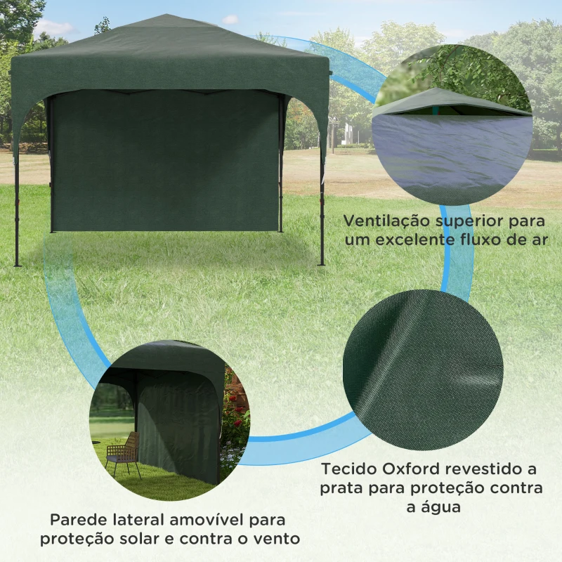 Outsunny Tenda Dobrável com Altura Ajustável 1 Parede Lateral Teto com Ventilação 4 Sacos de Areia e Bolsa de Transporte 3x3 m Verde
