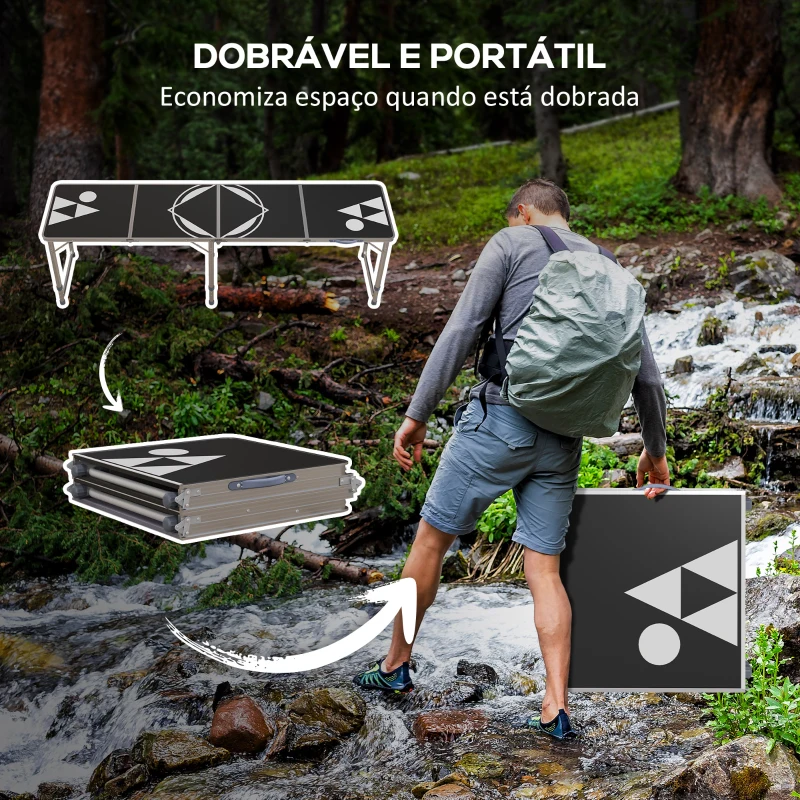 Outsunny Mesa de Exterior Portátil Mesa de Piquenique Dobrável com Altura Ajustável para Campismo 240x60x54-70 cm Preto e Prata