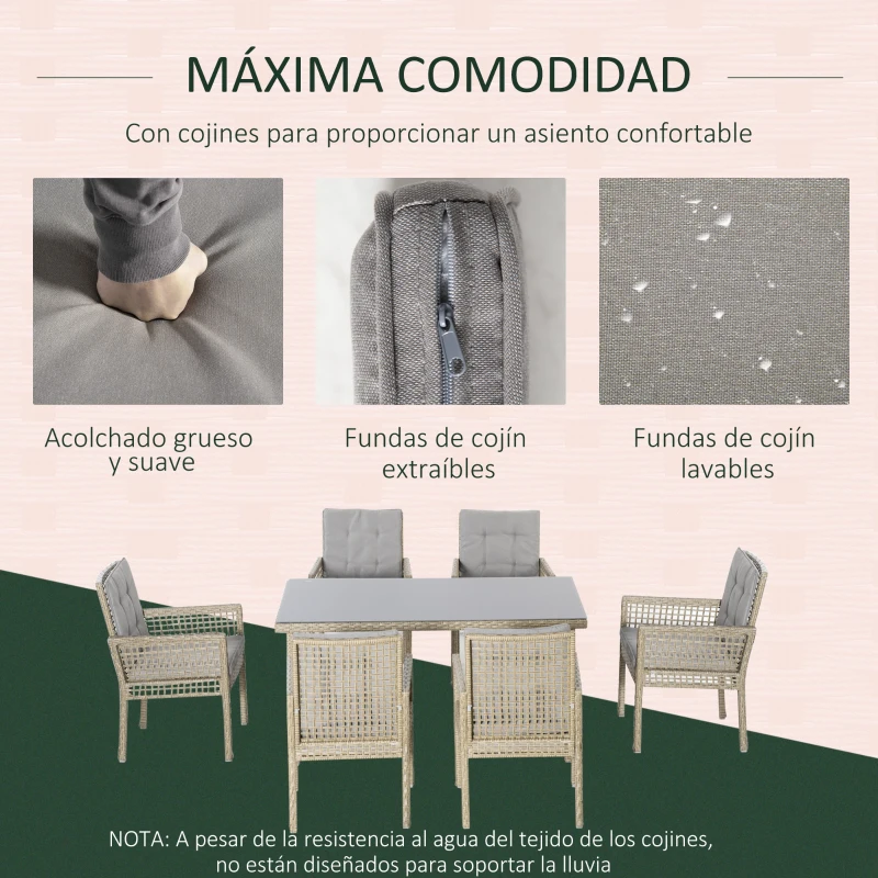 Outsunny Conjunto de Muebles de Comedor para Jardín Juego de Ratán Sintético 1 Mesa y 6 Sillas con Cojines Gris y Natural