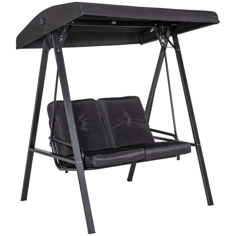 Outsunny Hollywoodschommel, 2-zits Tuinschommel met Verstelbaar Dak, tot 220 kg belastbaar, 145 x 116 x 172 cm, Zwart