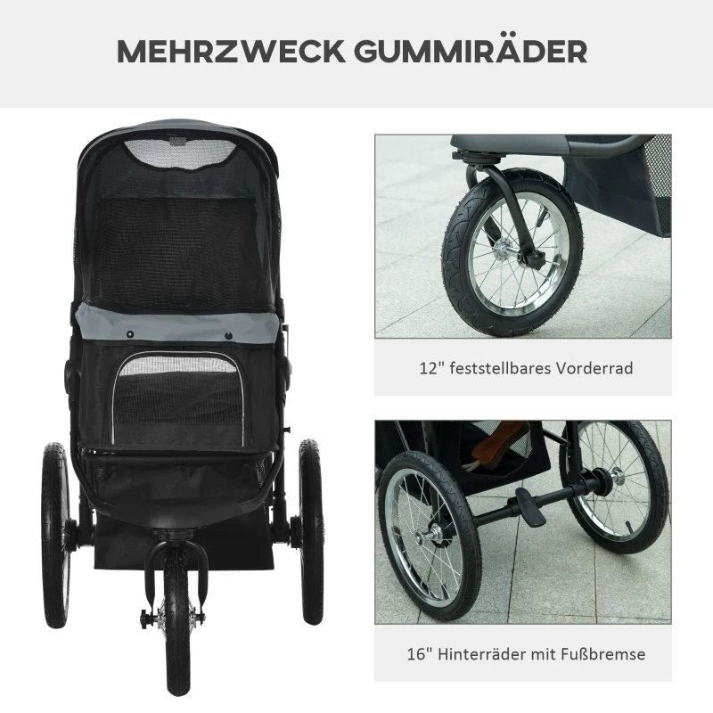 PawHut Wózek dla psów, składany, ochrona przed słońcem, okna z siatki, kosz na zakupy, szary, 111 x 58 x 107 cm