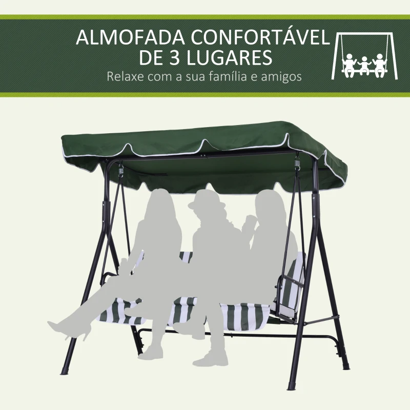 Outsunny Baloiço de Jardim de 3 Lugares com Almofada Toldo Ajustável e Estrutura de Aço para Balcão Terraço 172x110x153 cm Verde