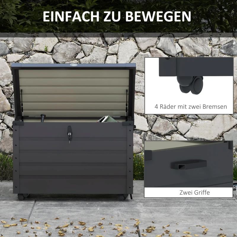 Outsunny Buiten Opbergbox Tuinkist Kussenbox, weerbestendig, 4 Wielen, 100 cm x 62 cm x 65 cm, Donkergrijs(m-4)