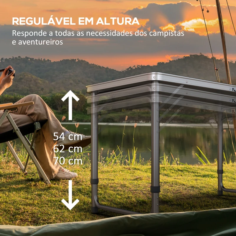 Outsunny Mesa de Exterior Portátil Mesa de Piquenique Dobrável com Altura Ajustável para Campismo 240x60x54-70 cm Preto e Prata