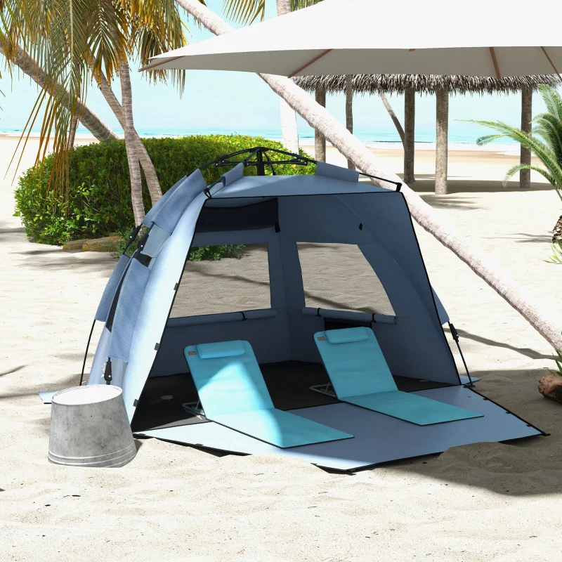 Outsunny 2-3 Person Pop Up Beach Tent, UPF15+ Sun Shelter with Extended Floor, Sandbags, Mesh Windows and Carry Bag, Light Blue
