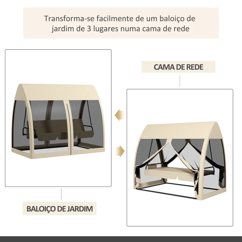 Outsunny Baloiço de Jardim de 3 Lugares Convertível em Cama com Rede Mosquiteira Estrutura de Metal Carga 300kg 240x140x197 cm Creme