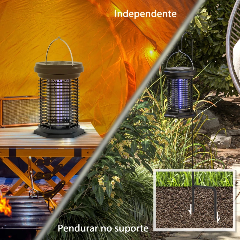 Outsunny Lâmpada Mata Mosquitos Elétrica 2 em 1 5W com Luzes LED UV Recarregável Solar e USB Efeito 30 m² para Jardim Terraço Preto