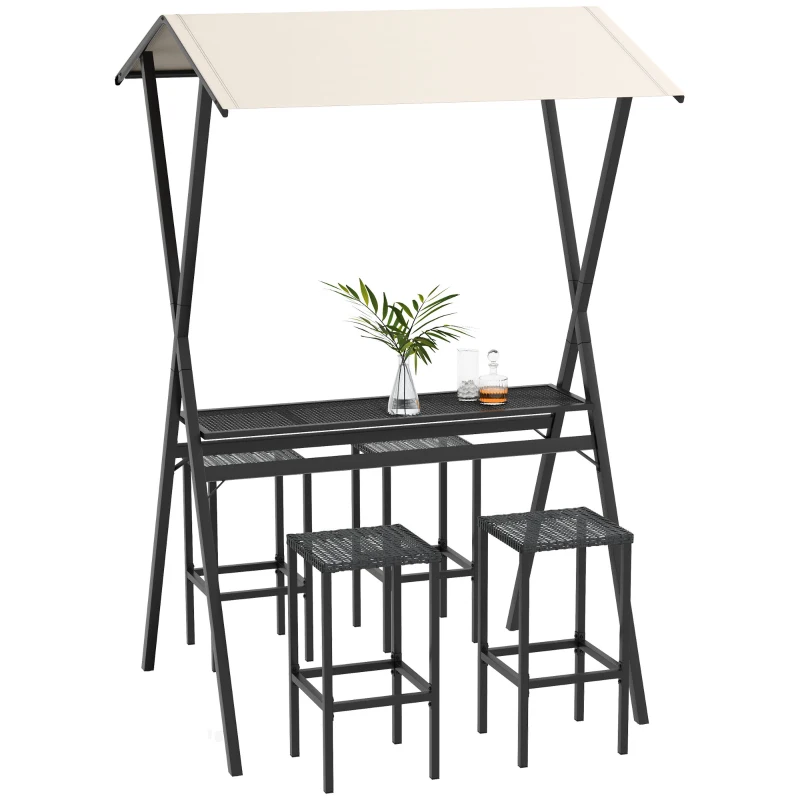 Outsunny Buiten Barmeubelset, Rattanlook, 4 Barkrukken & 1 hoge Bartafel, met Dak, Metalen Frame, Zwart/Khaki