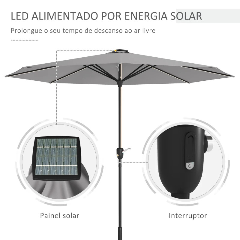 Outsunny Chapéu de Sol de Jardim Ø265x240 cm com Luzes LED Solares Manivela e Impermeável para Piscina Pátio Cinza Claro