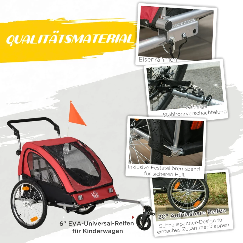HOMCOM 2-in-1 Kinderanhänger, Regenschutz, Sicherheitsgurt, für 2 Kinder, rot+schwarz, 160 x 84 x 106 cm