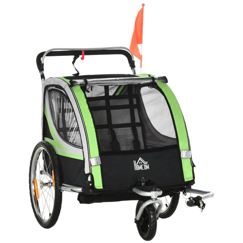 HOMCOM 2-in-1 Fietskar voor 2 Kinderen, Duwfunctie, Regenbescherming, Rem, Groen
