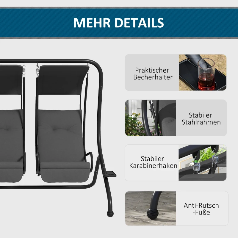 Outsunny Hollywoodschommel Tuinschommel, weerbestendig, 2 aparte zitplaatsen, 2 bekerhouders, 170 cm x 136 cm x 170 cm, Grijs