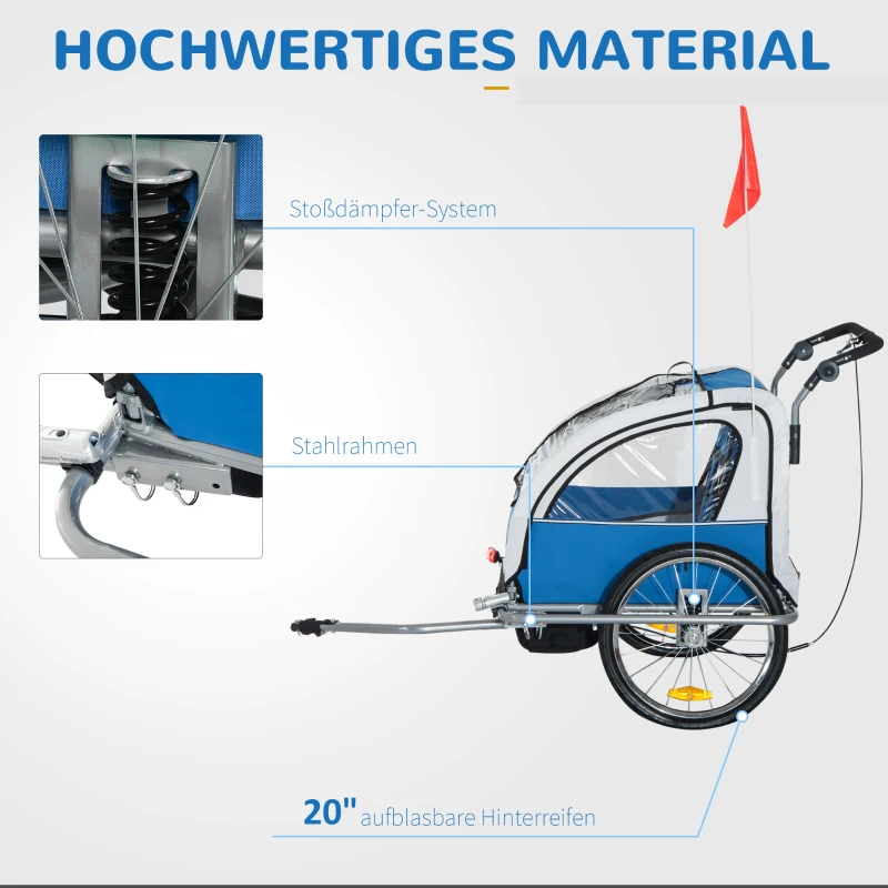 HOMCOM Kinderanhänger Fahrradanhänger mit Fahne Radanhänger für 2 Kinder Regenschutz atmungsaktiv einklappbar Oxfordgewebe Blau 155 x 88 x 108 cm