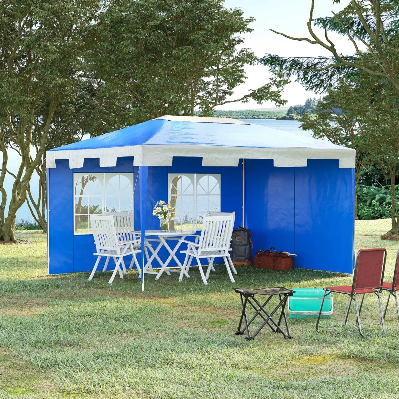 Outsunny 3 x 4 m Garden Gazebo Shelter Marquee Party Tent with 2 Sidewalls for Patio Yard Outdoor, Blue