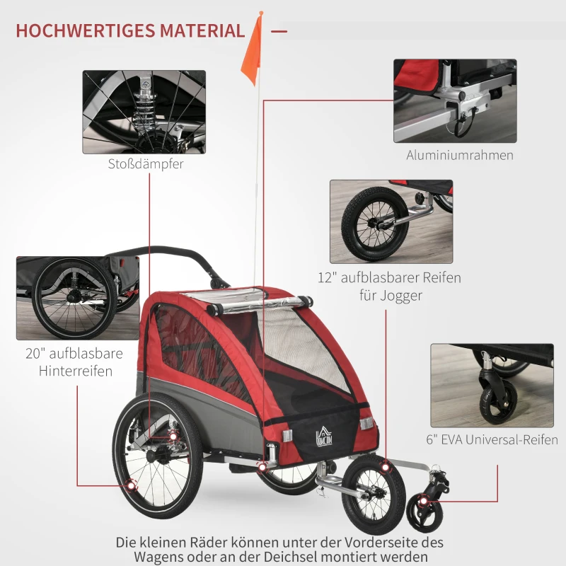HOMCOM 3w1 Przyczepka dla Dzieci, Wózek Jogger z Obrotowym Przednim Kołem, Przyczepka Rowerowa dla 2 Dzieci z Systemem Amortyzacji, Torba na Akcesoria, Ochrona Przed Pogodą, Aluminiowa, Czerwona