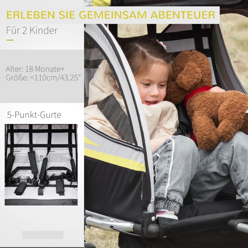 HOMCOM Przyczepa rowerowa 2w1 dla 2 dzieci, z funkcją prowadzenia, osłoną przeciwdeszczową, hamulcem, Żółty