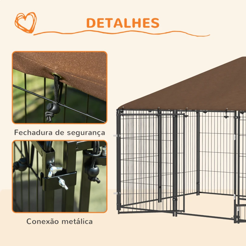 PawHut Parque para Cães com Toldo com Suporte Giratório para Comida 2 Tigelas Incluídas 211x141x151 cm Preto e Marrom