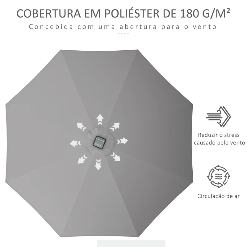 Outsunny Chapéu de Sol de Jardim Ø265x240 cm com Luzes LED Solares Manivela e Impermeável para Piscina Pátio Cinza Claro