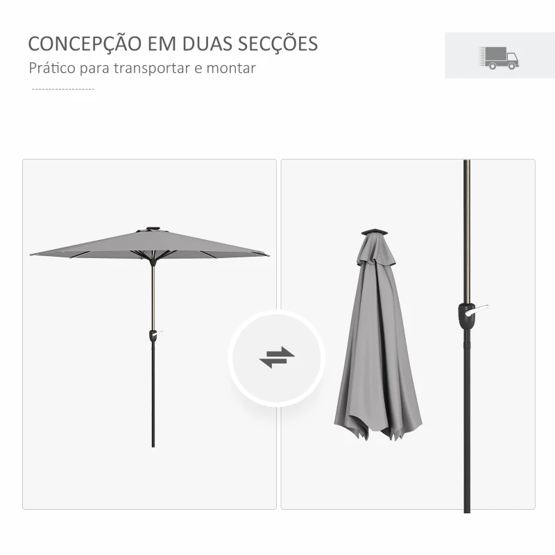 Outsunny Chapéu de Sol de Jardim Ø265x240 cm com Luzes LED Solares Manivela e Impermeável para Piscina Pátio Cinza Claro