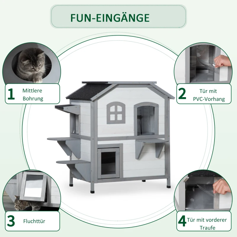 PawHut Dom dla Kota Budka dla Kota Jaskinia, 2 piętra, wodoodporny, 78,1 cm x 55,2 cm x 90,8 cm, Biały + Szary