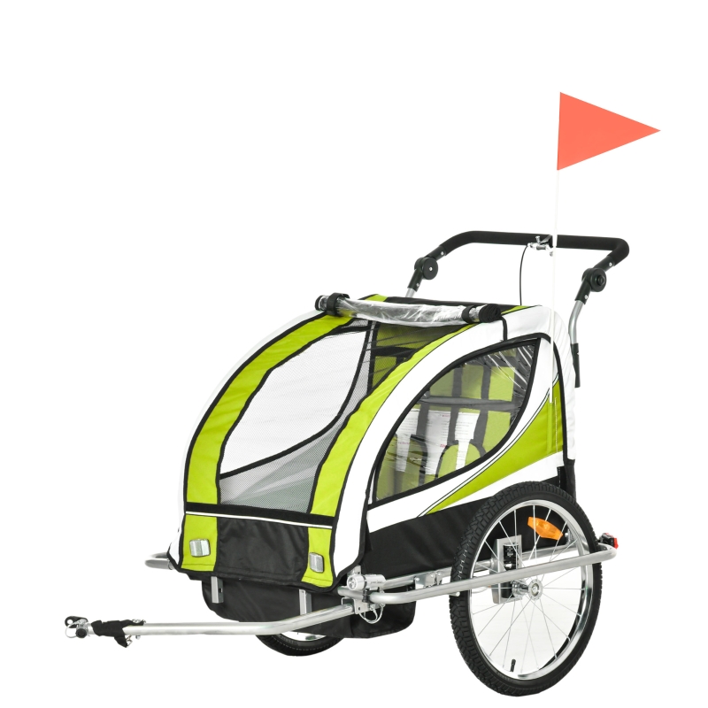 HOMCOM Kinderanhnger, Fahrradanhnger, fr 2 Kinder, 1 Universalkupplung,  1 Fahne, Reflektoren, Grn + Schwarz | Aosom.de