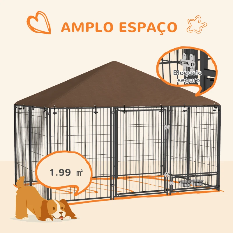PawHut Parque para Cães com Toldo com Suporte Giratório para Comida 2 Tigelas Incluídas 211x141x151 cm Preto e Marrom