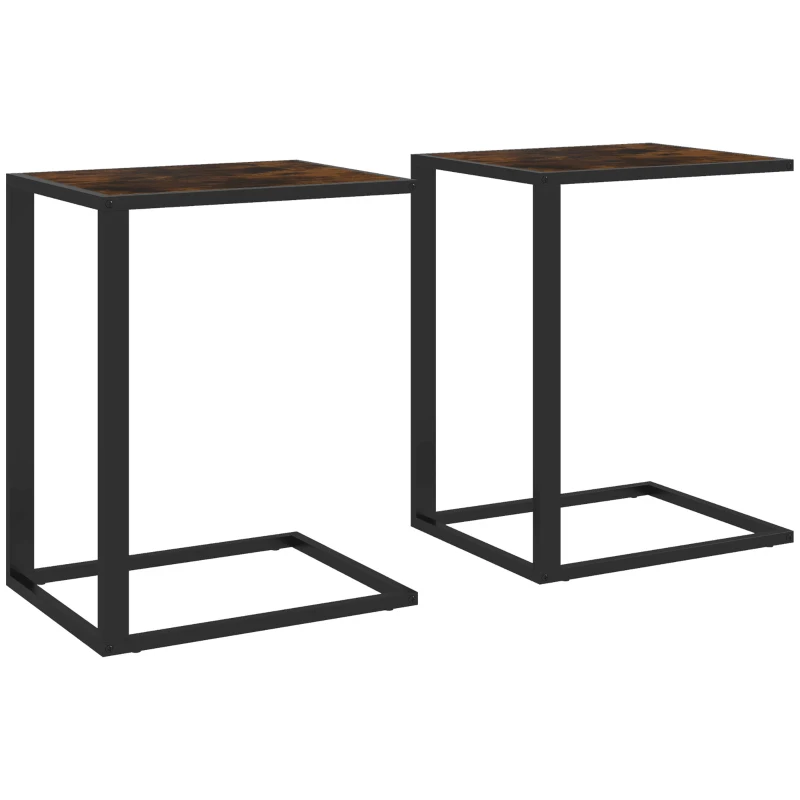 HOMCOM C-Shaped Side Table, Sofa End Table with Metal Frame, Accent Couch Table for Living room, Bedroom, Set of 2, Brown and Black