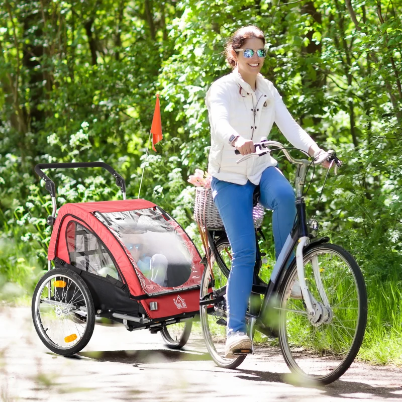 HOMCOM 2-in-1 Kinderanhänger, Regenschutz, Sicherheitsgurt, für 2 Kinder, rot+schwarz, 160 x 84 x 106 cm