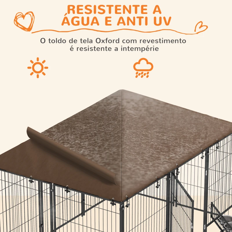 PawHut Parque para Cães com Toldo com Suporte Giratório para Comida 2 Tigelas Incluídas 211x141x151 cm Preto e Marrom