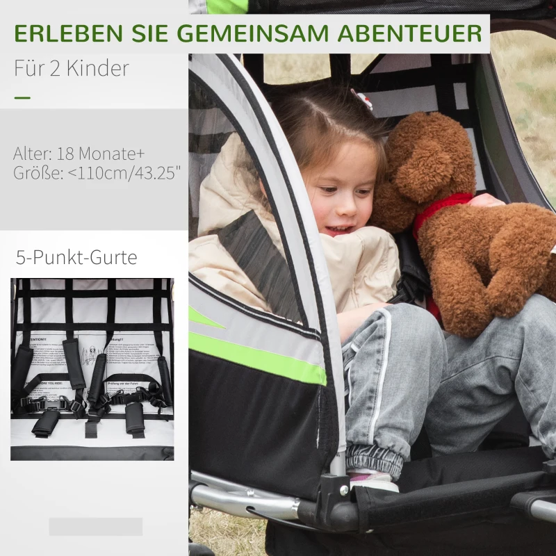 HOMCOM Przyczepa rowerowa 2w1 dla 2 dzieci, funkcja pchania, osłona przeciwdeszczowa, hamulec, Zielony