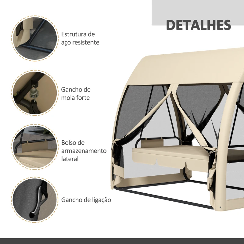 Outsunny Baloiço de Jardim de 3 Lugares Convertível em Cama com Rede Mosquiteira Estrutura de Metal Carga 300kg 240x140x197 cm Creme