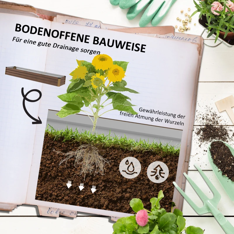 Outsunny Moestuinbak Kruidenbak, weerbestendig, open bodem, 240 x 60 x 30 cm, Donkerbruin