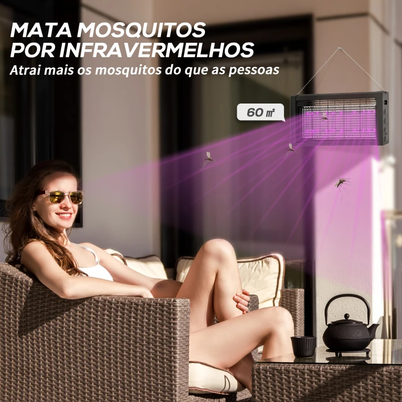 HOMCOM Lâmpada Anti-Mosquitos com Luz LED Mata Mosquitos Elétrico 8W Efetivo para 60 m² com Corrente para Interior Jardim Terraço Pátio 49x6x25 cm Preto
