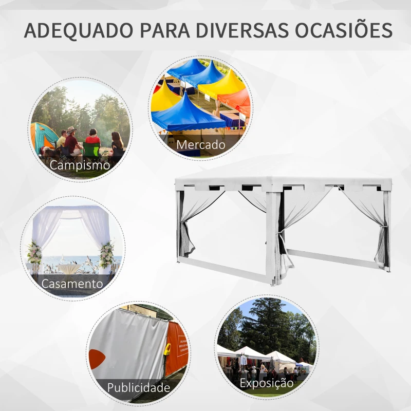 Outsunny Tenda de Jardim 4x3 m Tenda Desmontável com 4 Mosqueteiras Laterais 2 Portas e 8 Orifícios de Drenagem Branco