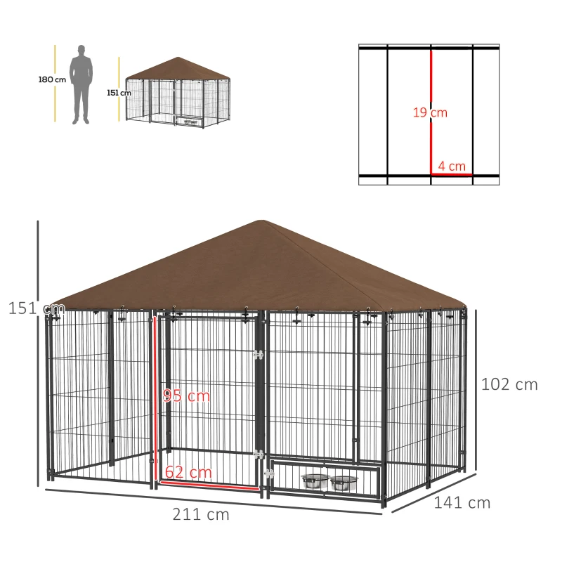 PawHut Parque para Cães com Toldo com Suporte Giratório para Comida 2 Tigelas Incluídas 211x141x151 cm Preto e Marrom