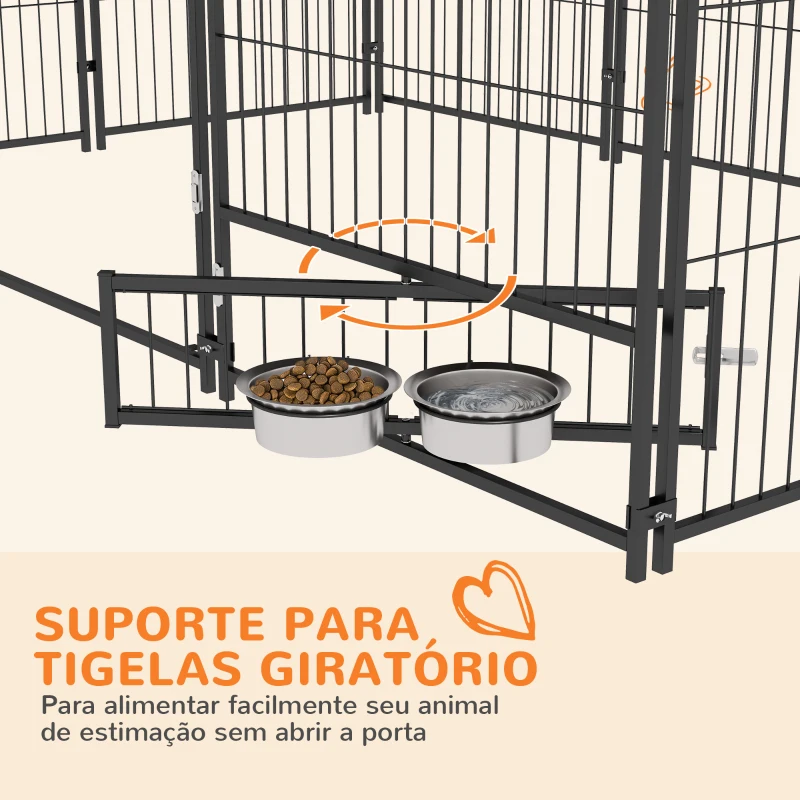 PawHut Parque para Cães com Toldo com Suporte Giratório para Comida 2 Tigelas Incluídas 211x141x151 cm Preto e Marrom