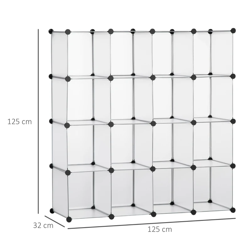 HOMCOM Armário Modular de Plástico Organizador de Sapatos com 16 Cubos de 30x30x30cm para Entrada Corredor 125x32x125 cm Transparente