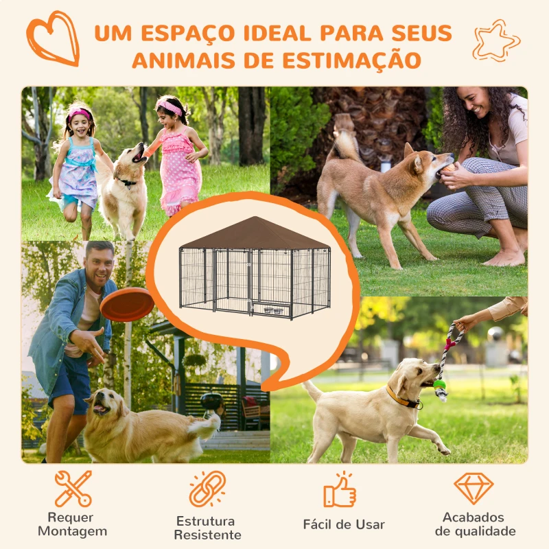 PawHut Parque para Cães com Toldo com Suporte Giratório para Comida 2 Tigelas Incluídas 211x141x151 cm Preto e Marrom